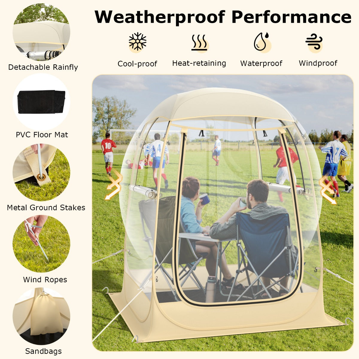 LIVSK Outdoor Luchtkussentent - Pop-up Structuur - Weerbestendig - Panoramisch Zicht voor 1-2 Personen - 128 x 128 x 158 cm -