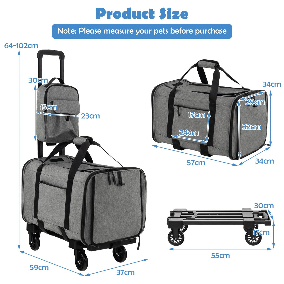 LIVSK Transportbox voor Huisdieren op Wielen - Inklapbaar met 3 Ingangen - Afneembare Bekleding - Tot 30 kg - Grijs