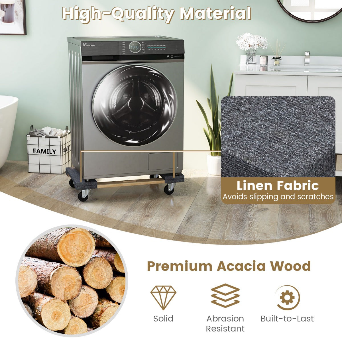 LIVSK Meubeltransportwagen - 4 Wielen - 450 kg Draagvermogen - Massief Acaciahout - 77 x 47 cm - Natuur + Grijs