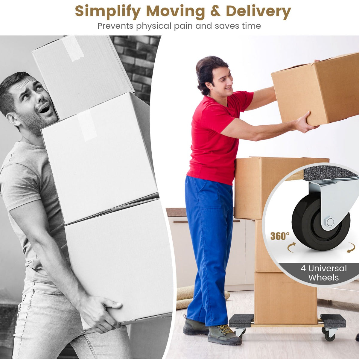 LIVSK Meubeltransportwagen - 4 Wielen - 450 kg Draagvermogen - Massief Acaciahout - 77 x 47 cm - Natuur + Grijs