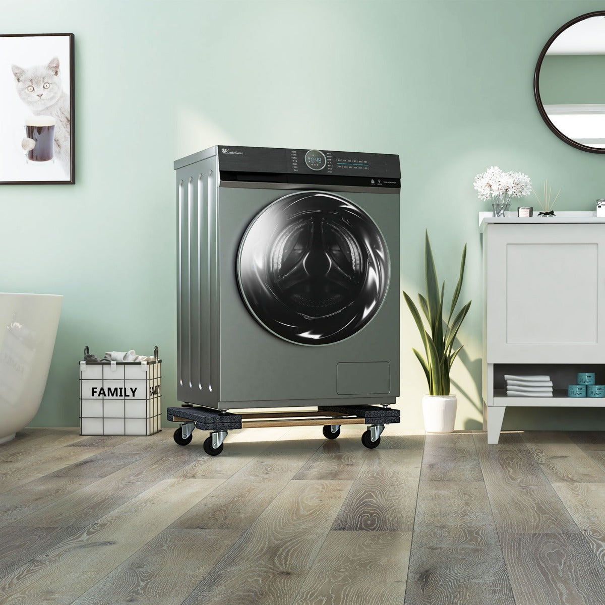 LIVSK Meubeltransportwagen - 4 Wielen - 450 kg Draagvermogen - Massief Acaciahout - 77 x 47 cm - Natuur + Grijs