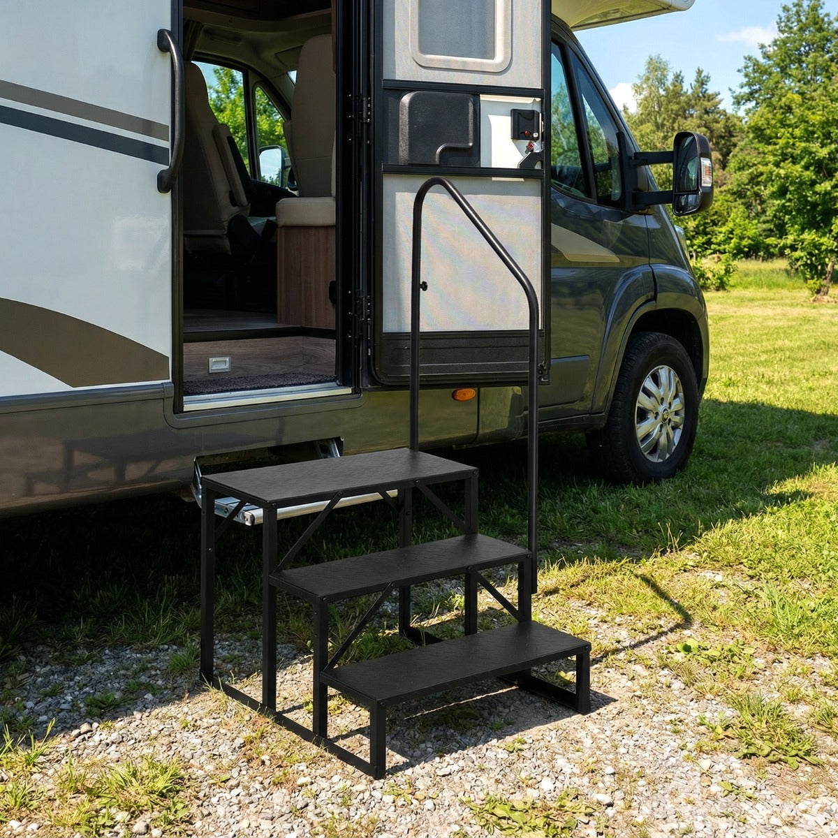 Livsk costway trapjes voor campers met leuning opstapje met 3 treden en brede antislipplatforms krukje met 3 treden draagvermogen 300 kg