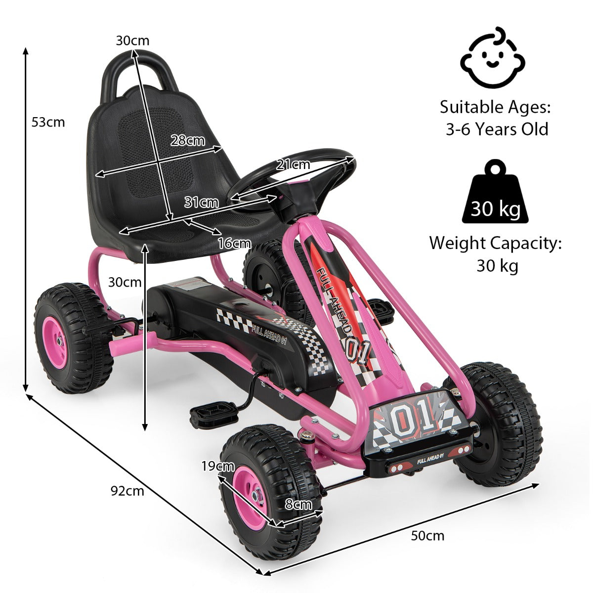 LIVSK Pedaalrit voor Kinderen - Verstelbare Zitting - Antislip Wielen - Laadvermogen tot 30 kg - Voor 3-6 jaar - Roze