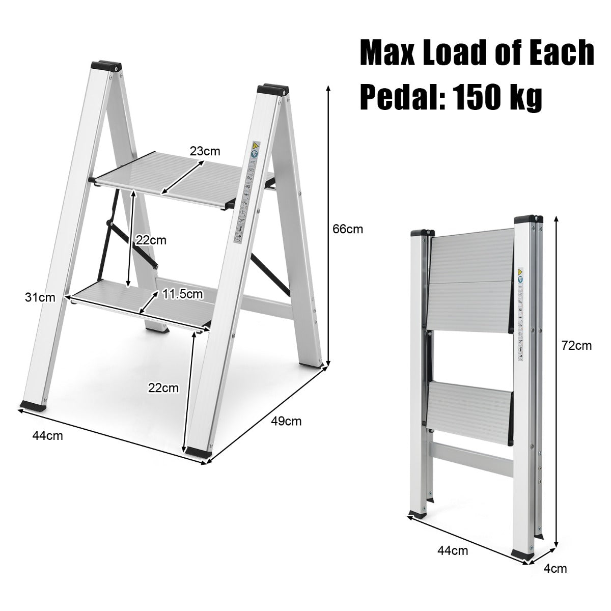 LIVSK Aluminium Trapladder - Antislip Treden - Lichtgewicht en Vouwbaar - 150 kg Capaciteit - 49 x 44 x 66 cm - Zilver