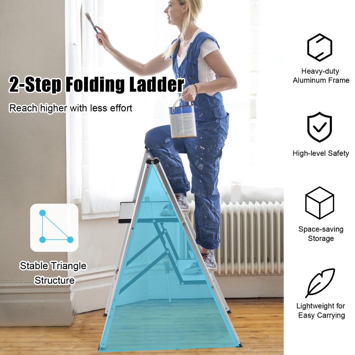 LIVSK Aluminium Trapladder - Antislip Treden - Lichtgewicht en Vouwbaar - 150 kg Capaciteit - 49 x 44 x 66 cm - Zilver