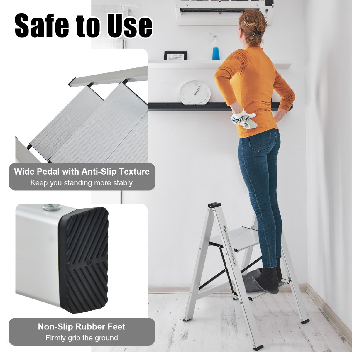 LIVSK Aluminium Trapladder - Antislip Treden - Lichtgewicht en Vouwbaar - 150 kg Capaciteit - 49 x 44 x 66 cm - Zilver