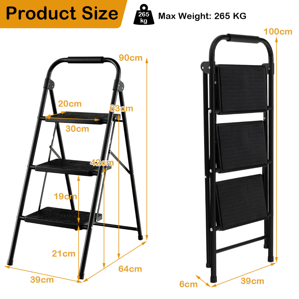 LIVSK Trapladder - 3-Treden Vouwladder met Antislip Treden - Robuust Metaal - Draagvermogen 265 kg - Zwart