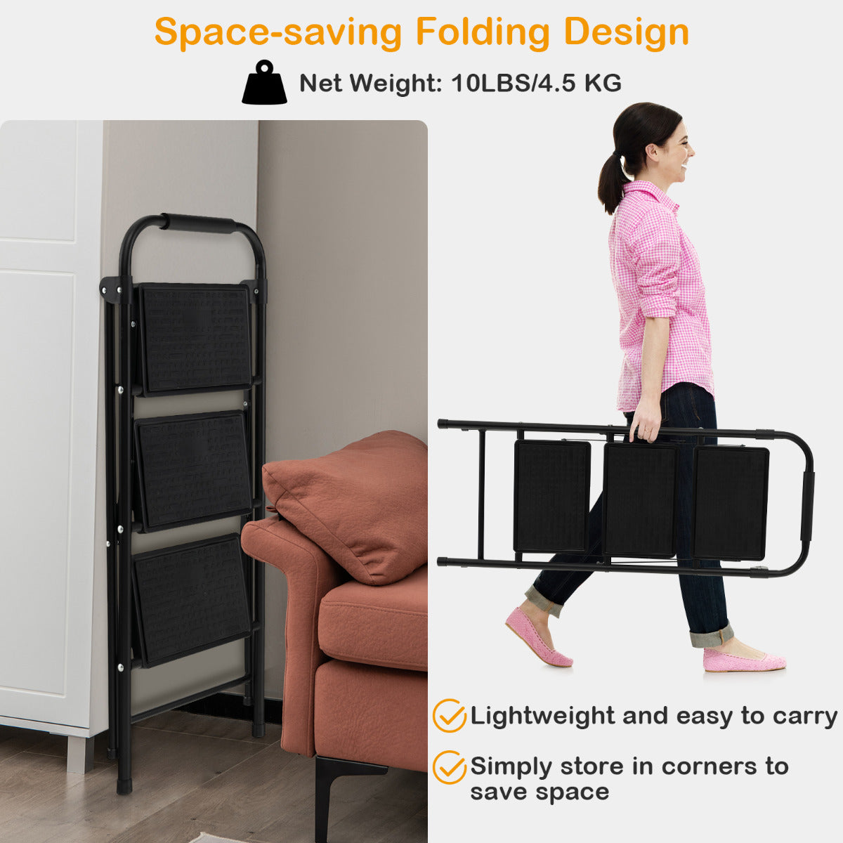LIVSK Trapladder - 3-Treden Vouwladder met Antislip Treden - Robuust Metaal - Draagvermogen 265 kg - Zwart