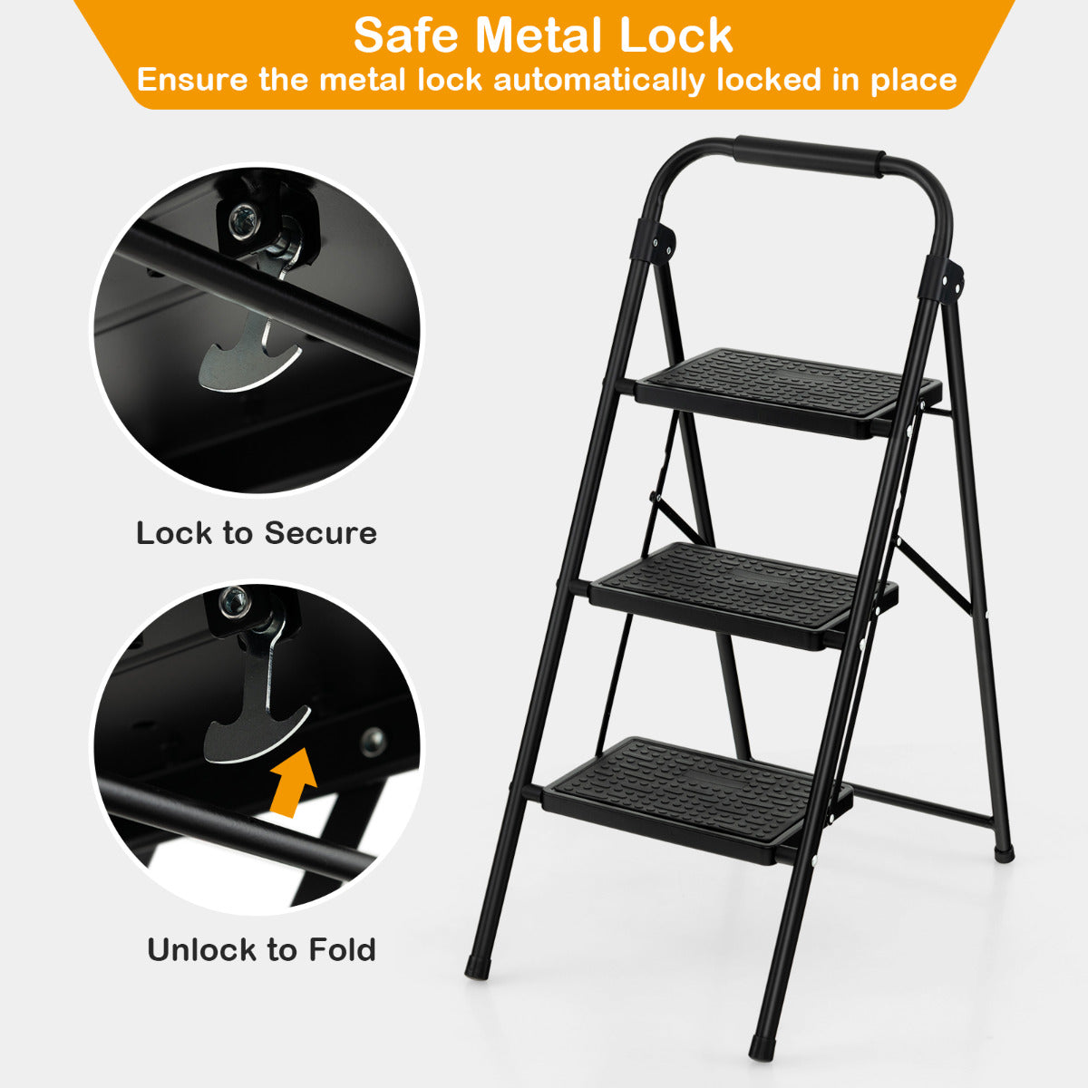 LIVSK Trapladder - 3-Treden Vouwladder met Antislip Treden - Robuust Metaal - Draagvermogen 265 kg - Zwart