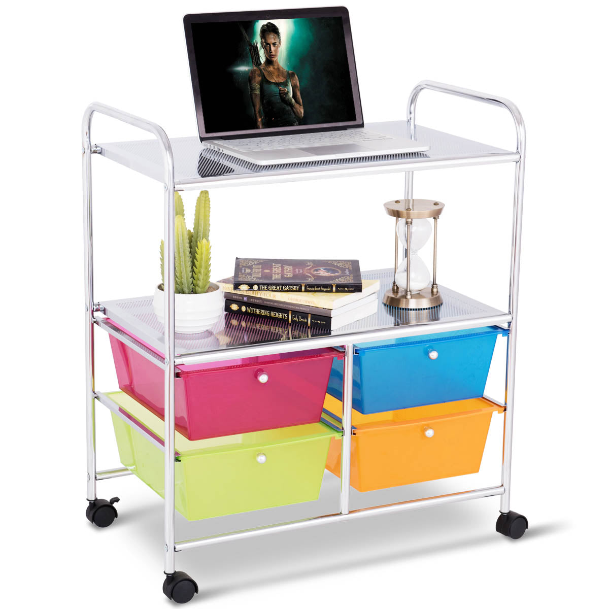 LIVSK Rollende Opbergwagen - 4 Lades en 2 Planken - Chroomstaal Frame - Universele Wielen - 58,5 x 37 x 75 cm - Zoals afgebeeld