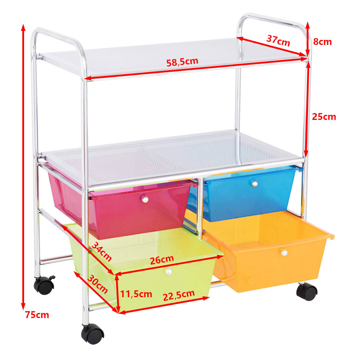 LIVSK Rollende Opbergwagen - 4 Lades en 2 Planken - Chroomstaal Frame - Universele Wielen - 58,5 x 37 x 75 cm - Zoals afgebeeld