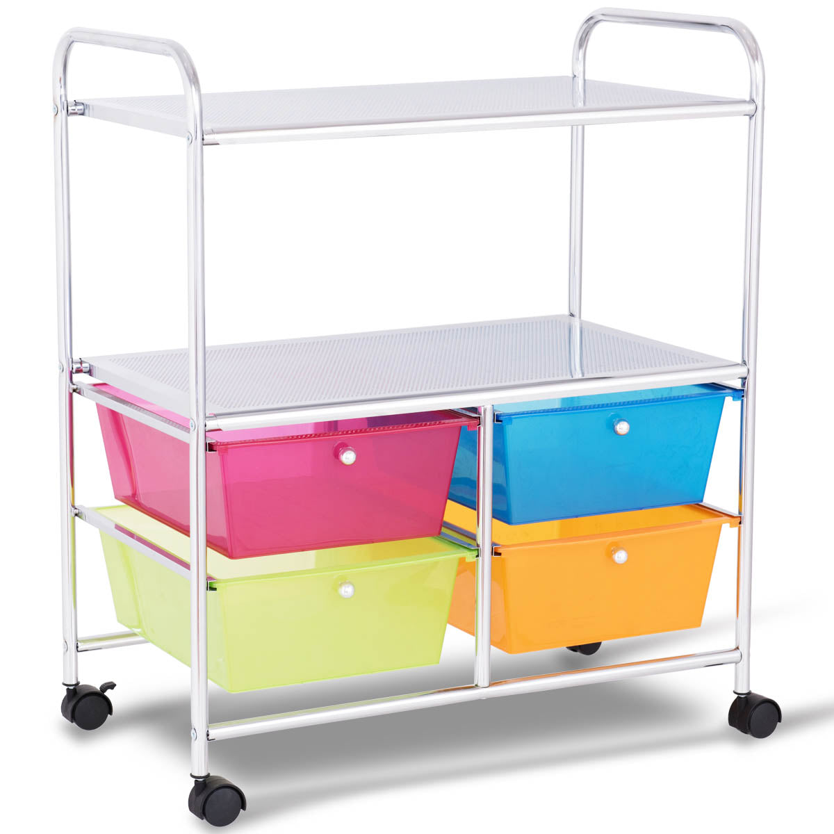LIVSK Rollende Opbergwagen - 4 Lades en 2 Planken - Chroomstaal Frame - Universele Wielen - 58,5 x 37 x 75 cm - Zoals afgebeeld