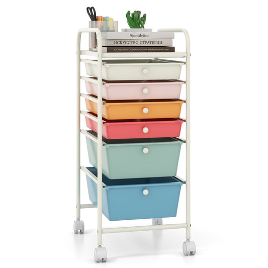 Livsk costway trolley met 6 stapelbare laden trolley met metalen frame en planken transparante opbergtrolley multicolor