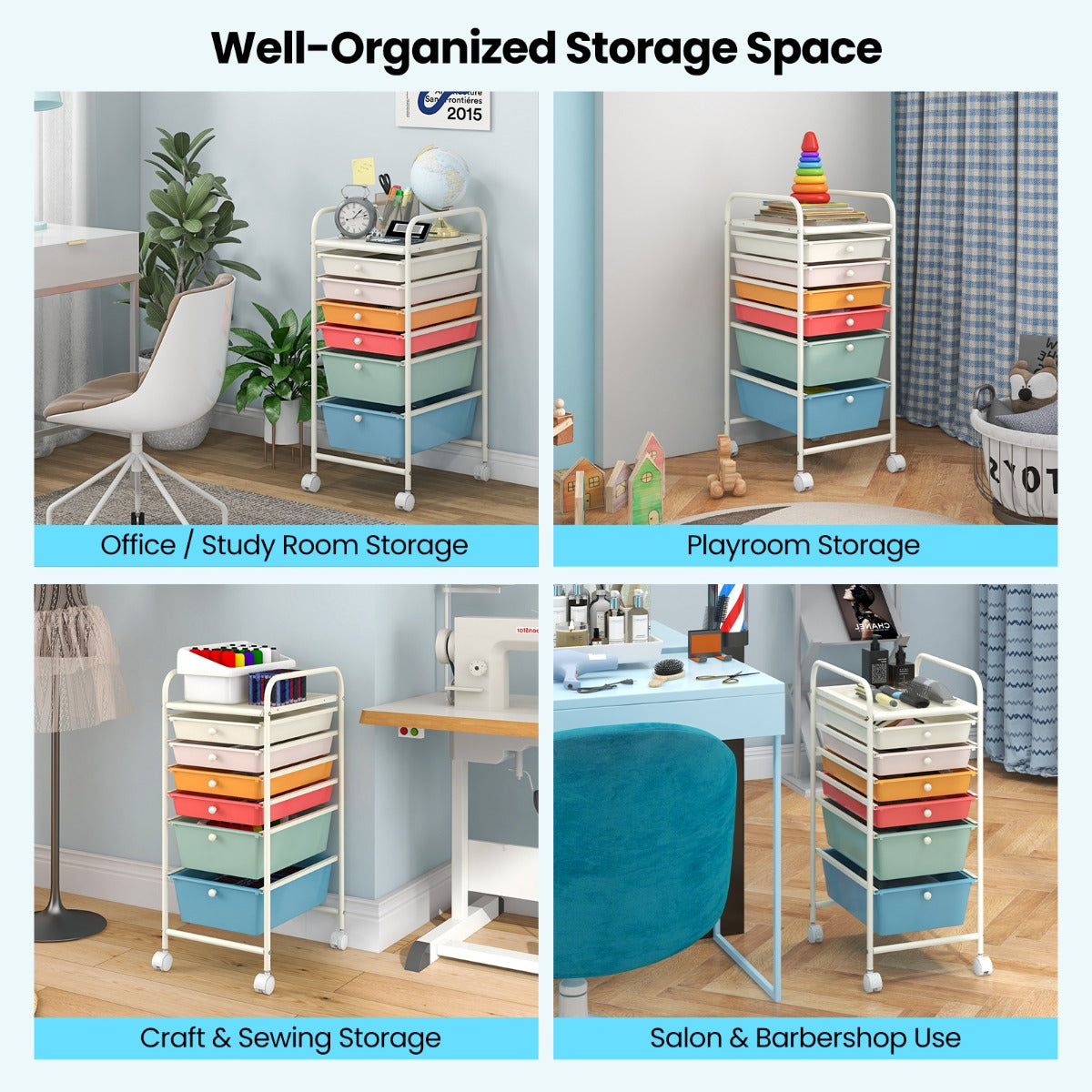Livsk costway trolley met 6 stapelbare laden trolley met metalen frame en planken transparante opbergtrolley multicolor 5