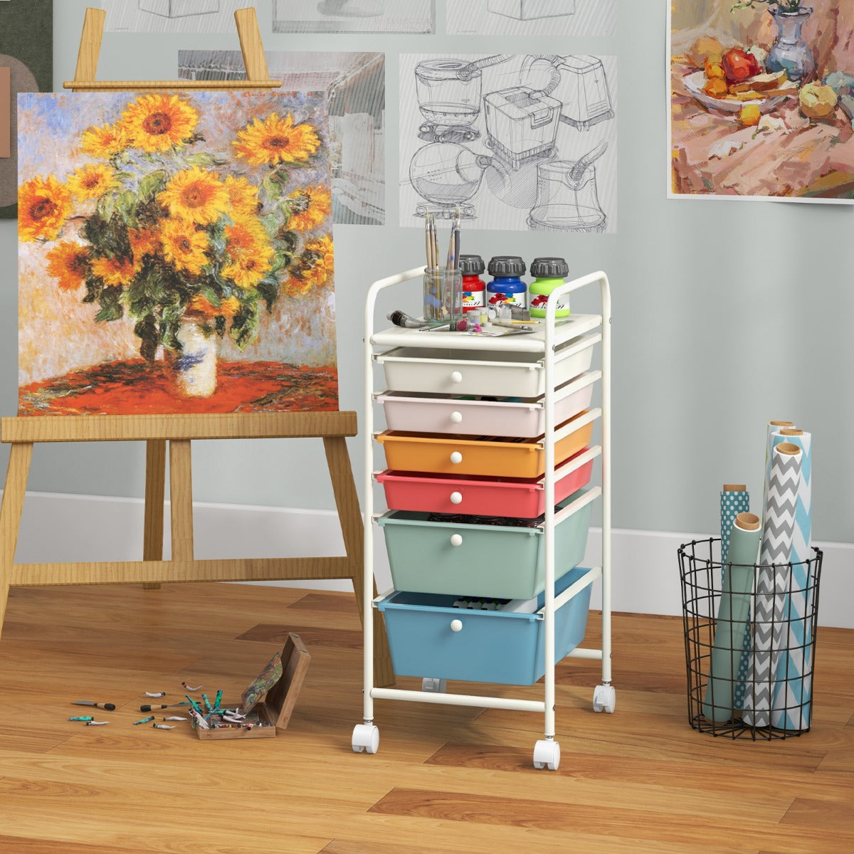 Livsk costway trolley met 6 stapelbare laden trolley met metalen frame en planken transparante opbergtrolley multicolor 6