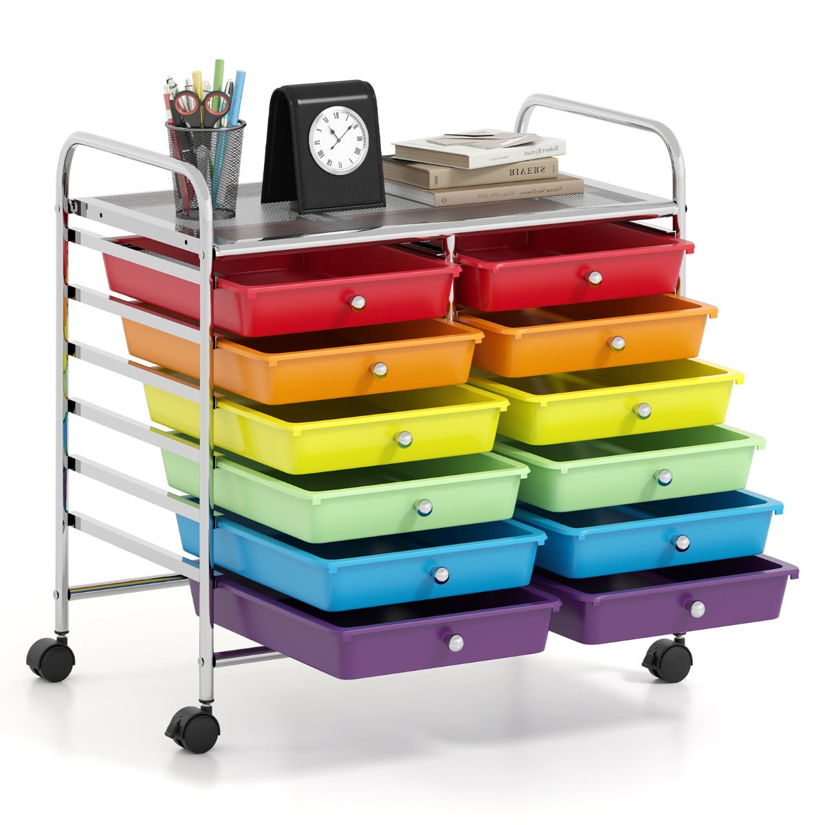 LIVSK Opbergwagen Trolley met 12 Uitneembare Lades - Ruim Werkblad - Stabiel Metalen Frame - Wendbare Wielen - 62 x 38 x 64 cm -