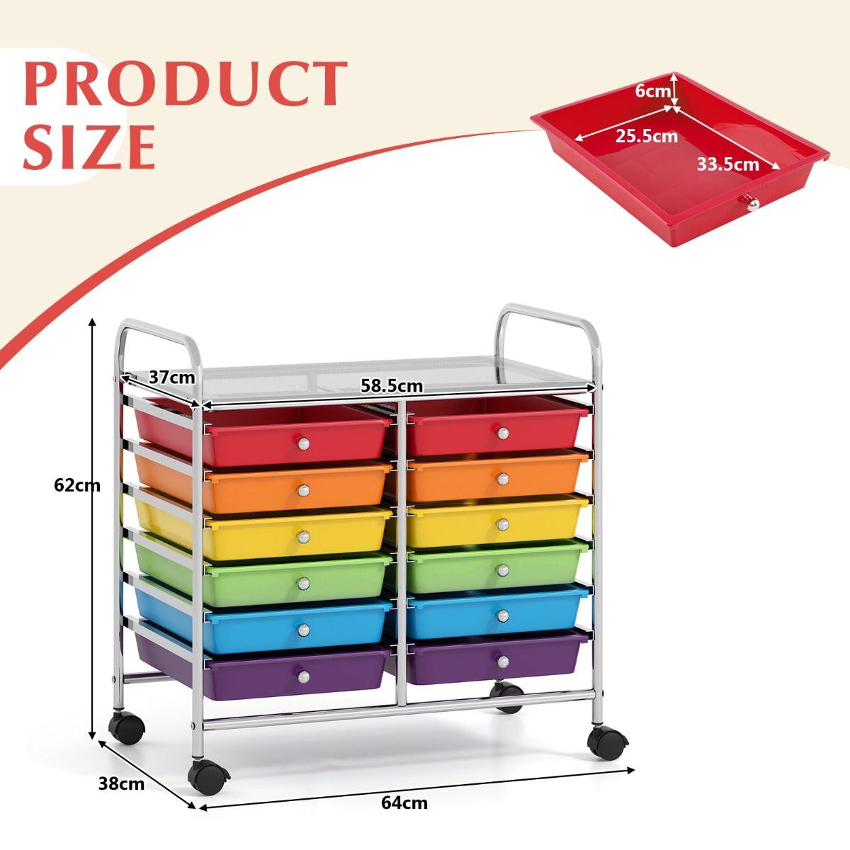 LIVSK Opbergwagen Trolley met 12 Uitneembare Lades - Ruim Werkblad - Stabiel Metalen Frame - Wendbare Wielen - 62 x 38 x 64 cm -
