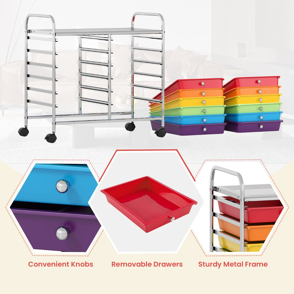 LIVSK Opbergwagen Trolley met 12 Uitneembare Lades - Ruim Werkblad - Stabiel Metalen Frame - Wendbare Wielen - 62 x 38 x 64 cm -