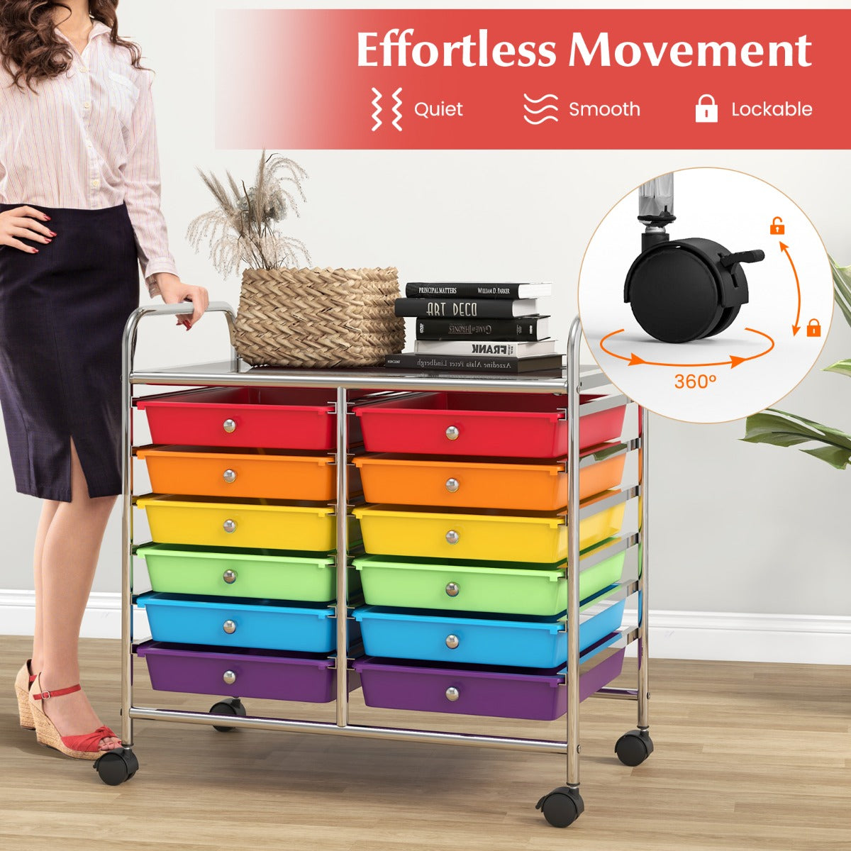 LIVSK Opbergwagen Trolley met 12 Uitneembare Lades - Ruim Werkblad - Stabiel Metalen Frame - Wendbare Wielen - 62 x 38 x 64 cm -