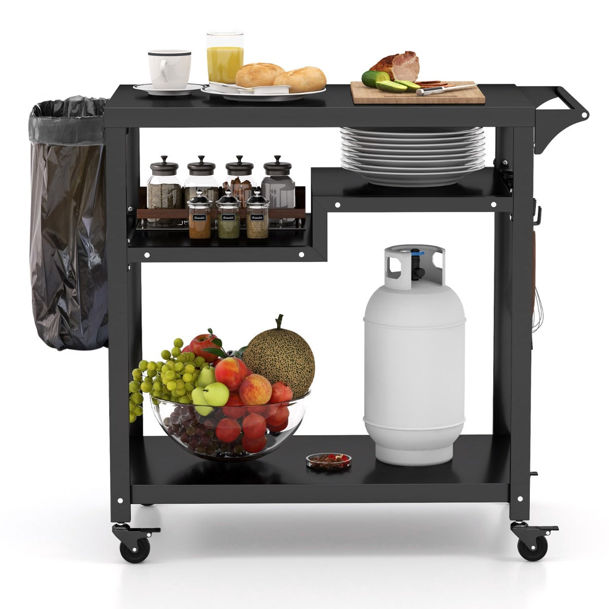 LIVSK Outdoor Grilltrolley - Vergrendelbare Wielen - 3 Planken - Handdoekhouder - Mobiele Keukentrolley - Zwart