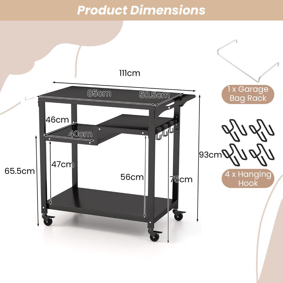 LIVSK Outdoor Grilltrolley - Vergrendelbare Wielen - 3 Planken - Handdoekhouder - Mobiele Keukentrolley - Zwart