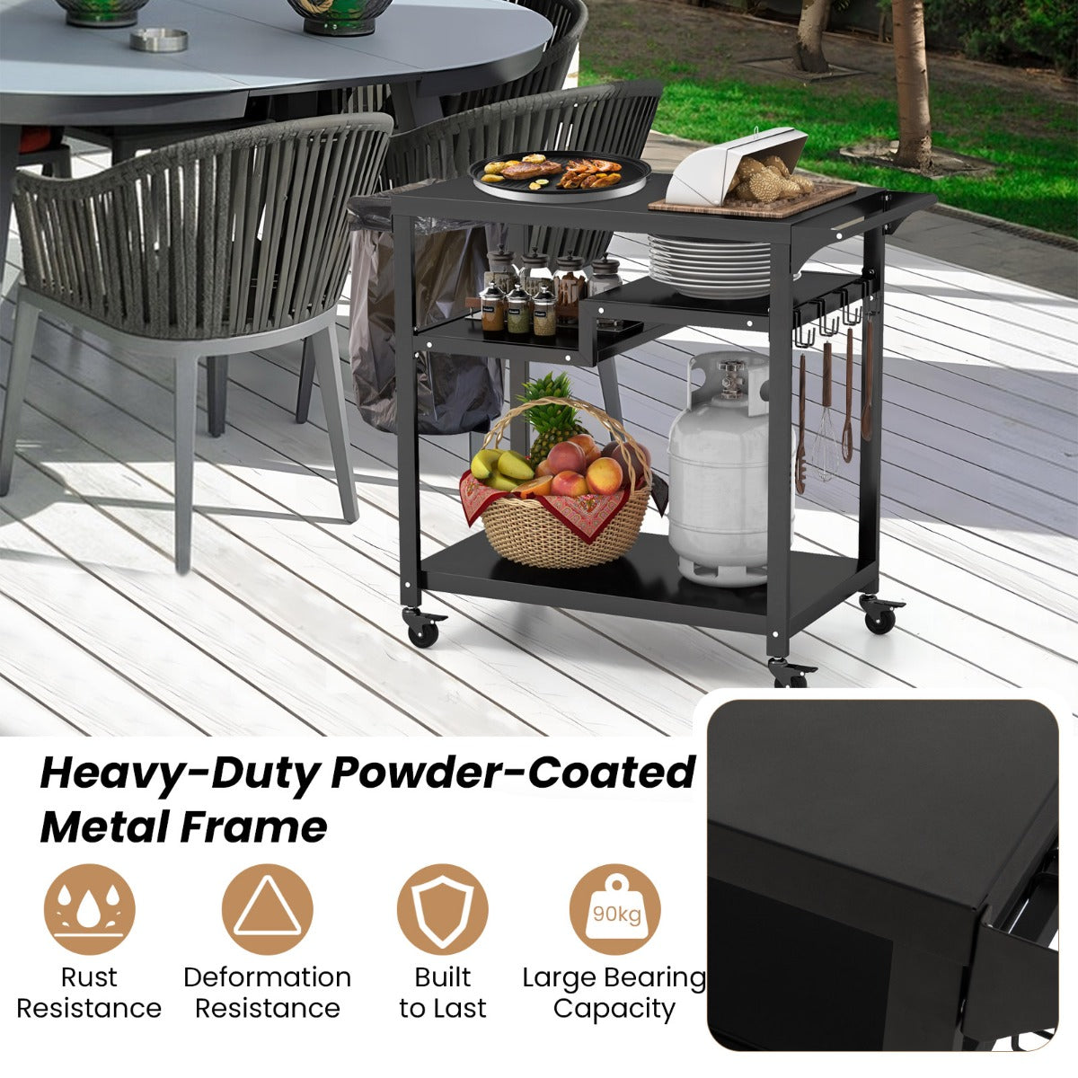 LIVSK Outdoor Grilltrolley - Vergrendelbare Wielen - 3 Planken - Handdoekhouder - Mobiele Keukentrolley - Zwart