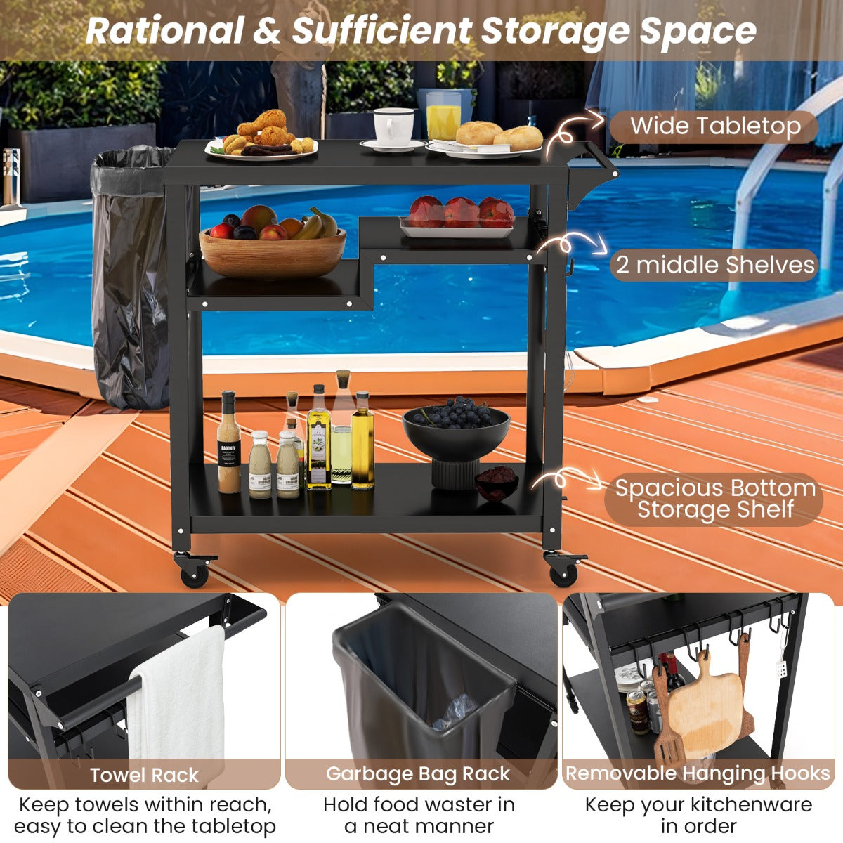 LIVSK Outdoor Grilltrolley - Vergrendelbare Wielen - 3 Planken - Handdoekhouder - Mobiele Keukentrolley - Zwart