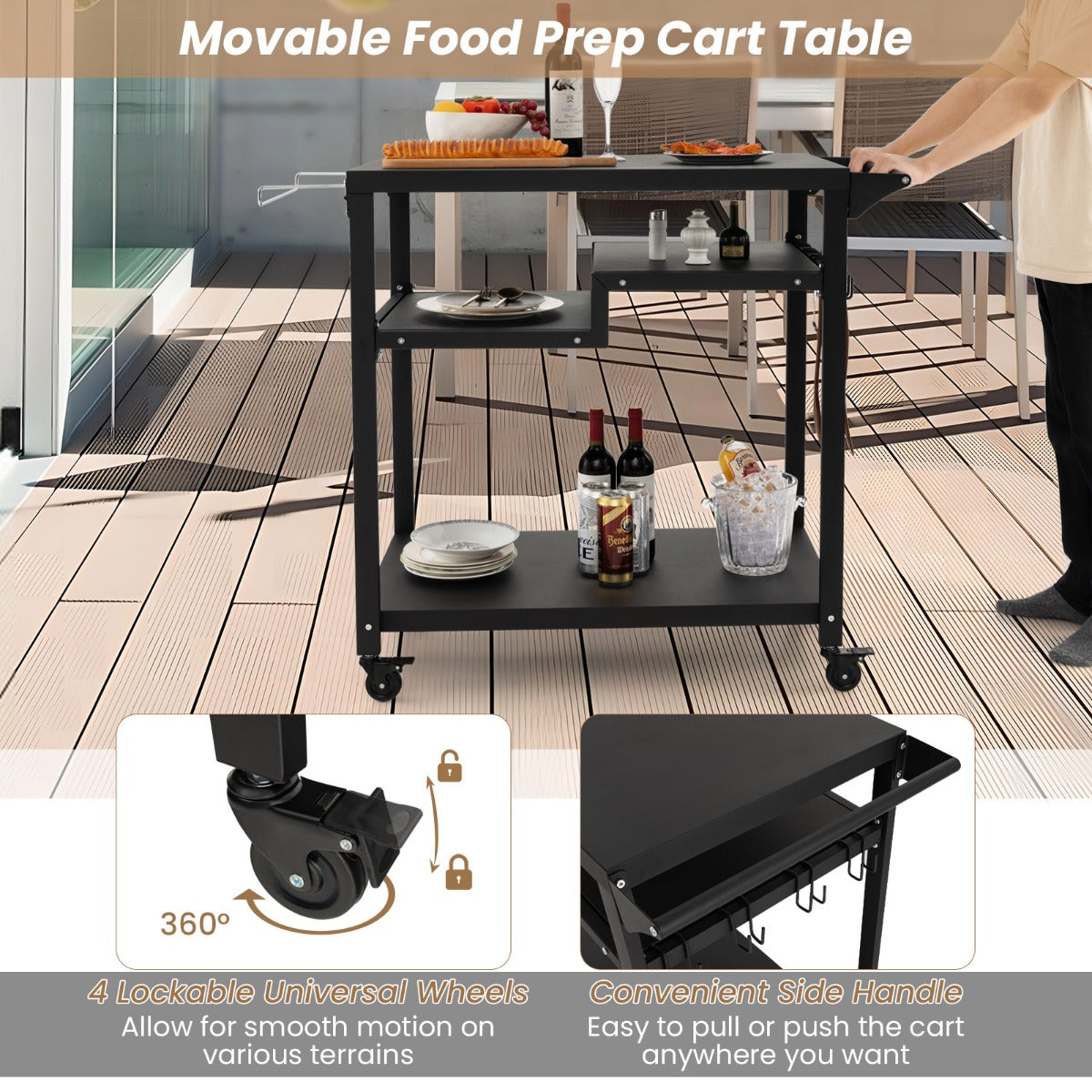 LIVSK Outdoor Grilltrolley - Vergrendelbare Wielen - 3 Planken - Handdoekhouder - Mobiele Keukentrolley - Zwart