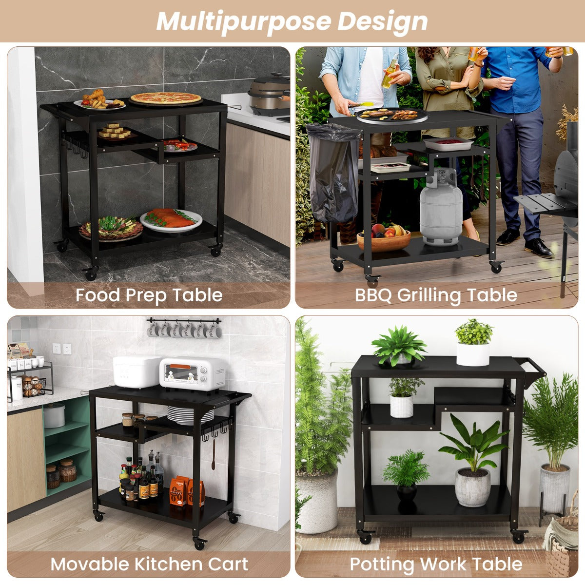 LIVSK Outdoor Grilltrolley - Vergrendelbare Wielen - 3 Planken - Handdoekhouder - Mobiele Keukentrolley - Zwart