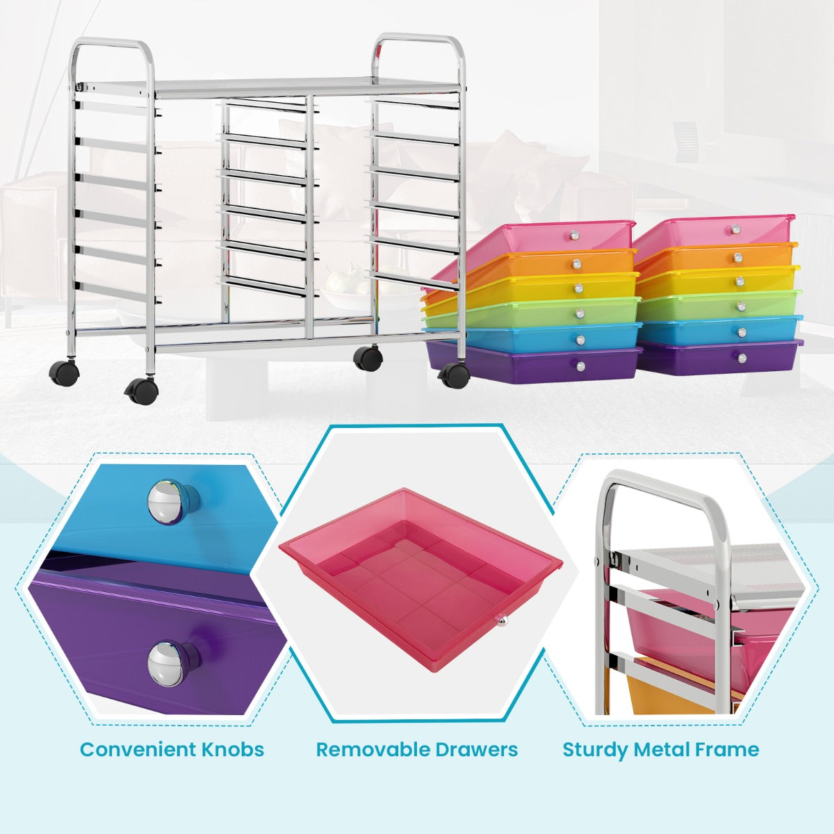 LIVSK Opbergwagen met 12 Lades - Ruim Werkblad - Wendbare Wielen - Voor Woonkamer en Keuken - 64 x 38 x 62 cm - Zwart
