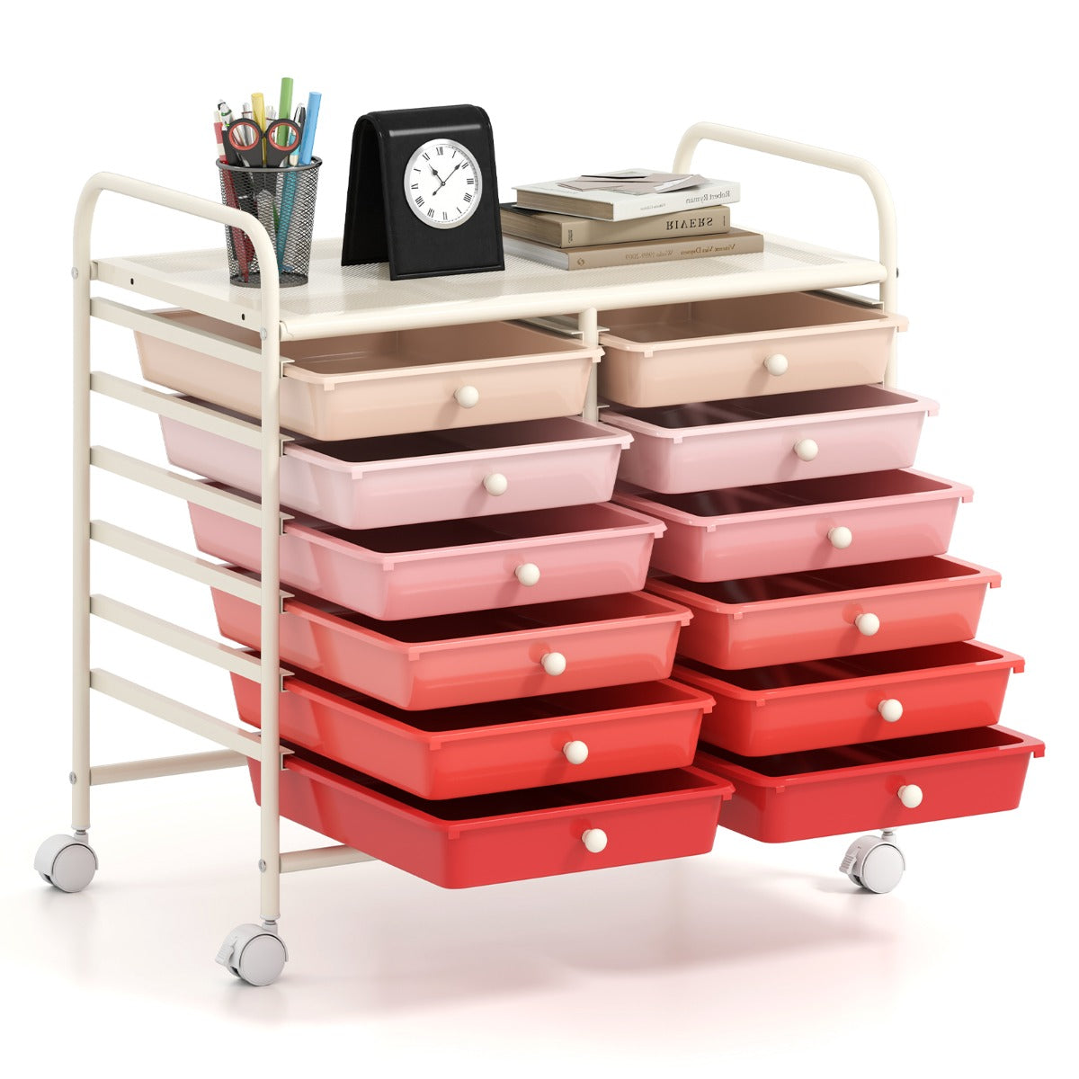 LIVSK Opbergwagen met 12 Lades - Robuust Frame - Werkblad - 4 Wielen - Voor Woonkamer, Keuken en Kantoor - Rood en Roze