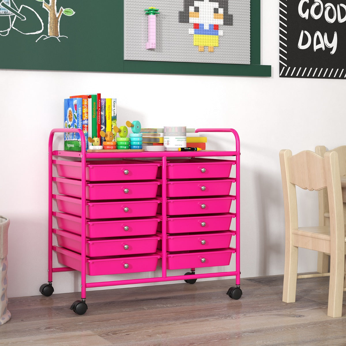 LIVSK Opbergwagen met 12 Lades - Stabiel Gegalvaniseerd Metaal - 4 Wielen - Ideaal voor Woonkamer en Keuken - 64 x 38 x 62 cm -