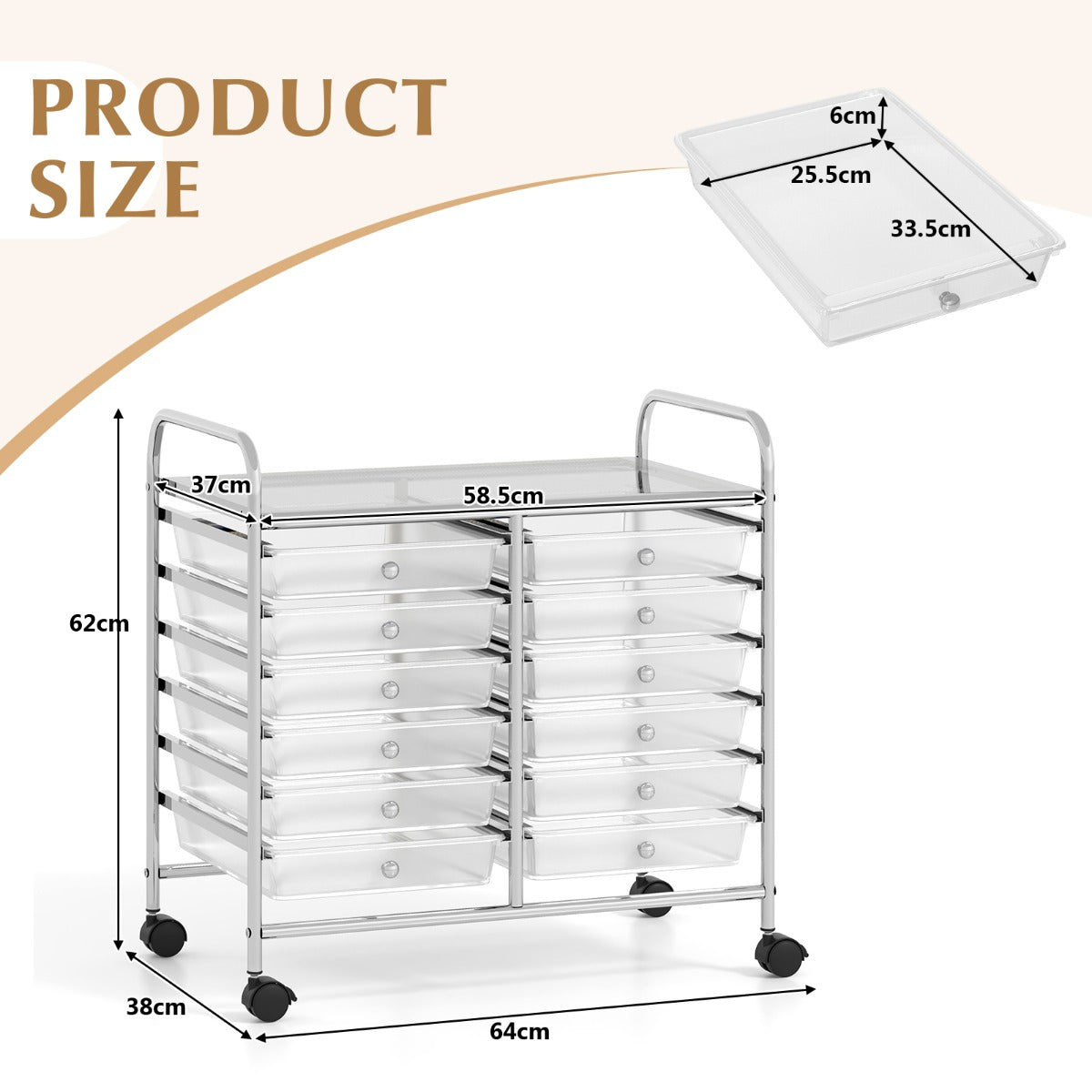 LIVSK Opbergwagen met 12 Lades - Stabiel Metalen Frame - 4 Wielen - Geschikt voor Woonkamer en Keuken - 64 x 38 x 62 cm - Zwart
