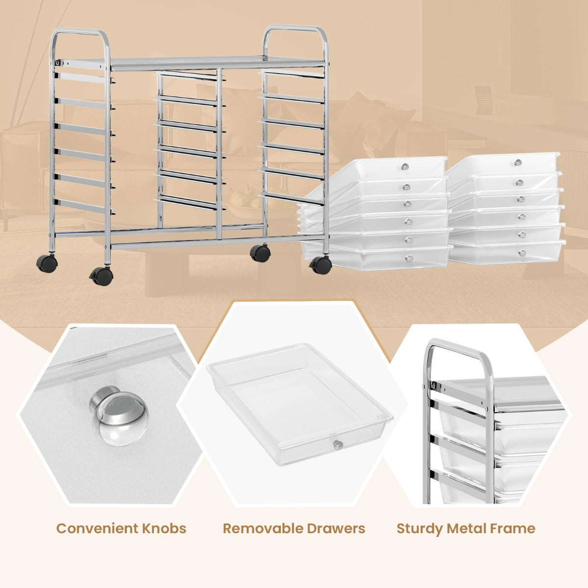 LIVSK Opbergwagen met 12 Lades - Stabiel Metalen Frame - 4 Wielen - Geschikt voor Woonkamer en Keuken - 64 x 38 x 62 cm - Zwart