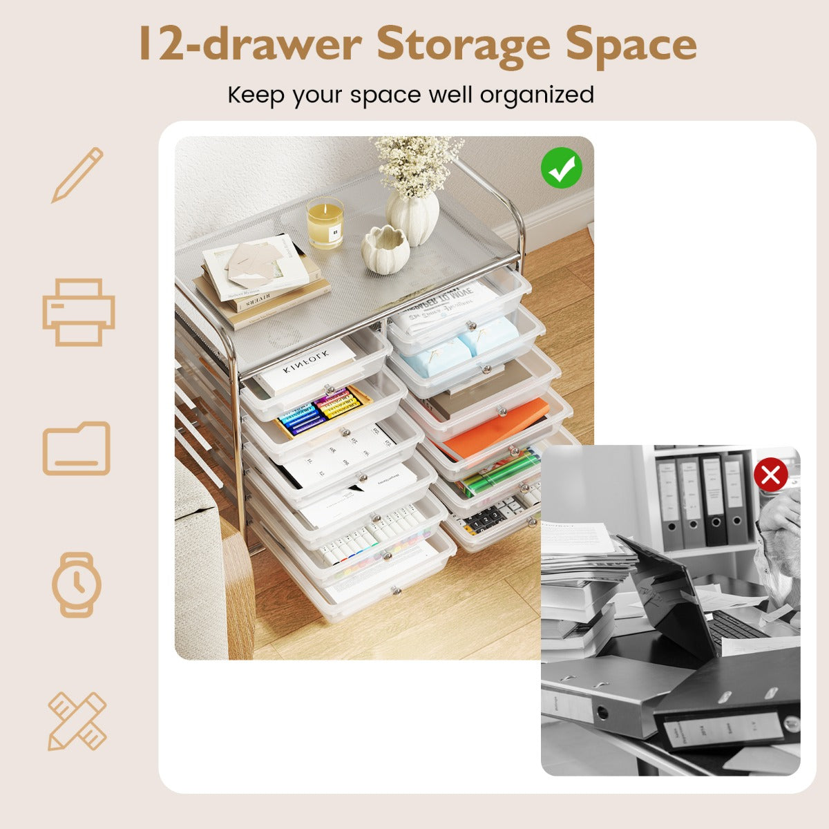 LIVSK Opbergwagen met 12 Lades - Stabiel Metalen Frame - 4 Wielen - Geschikt voor Woonkamer en Keuken - 64 x 38 x 62 cm - Zwart