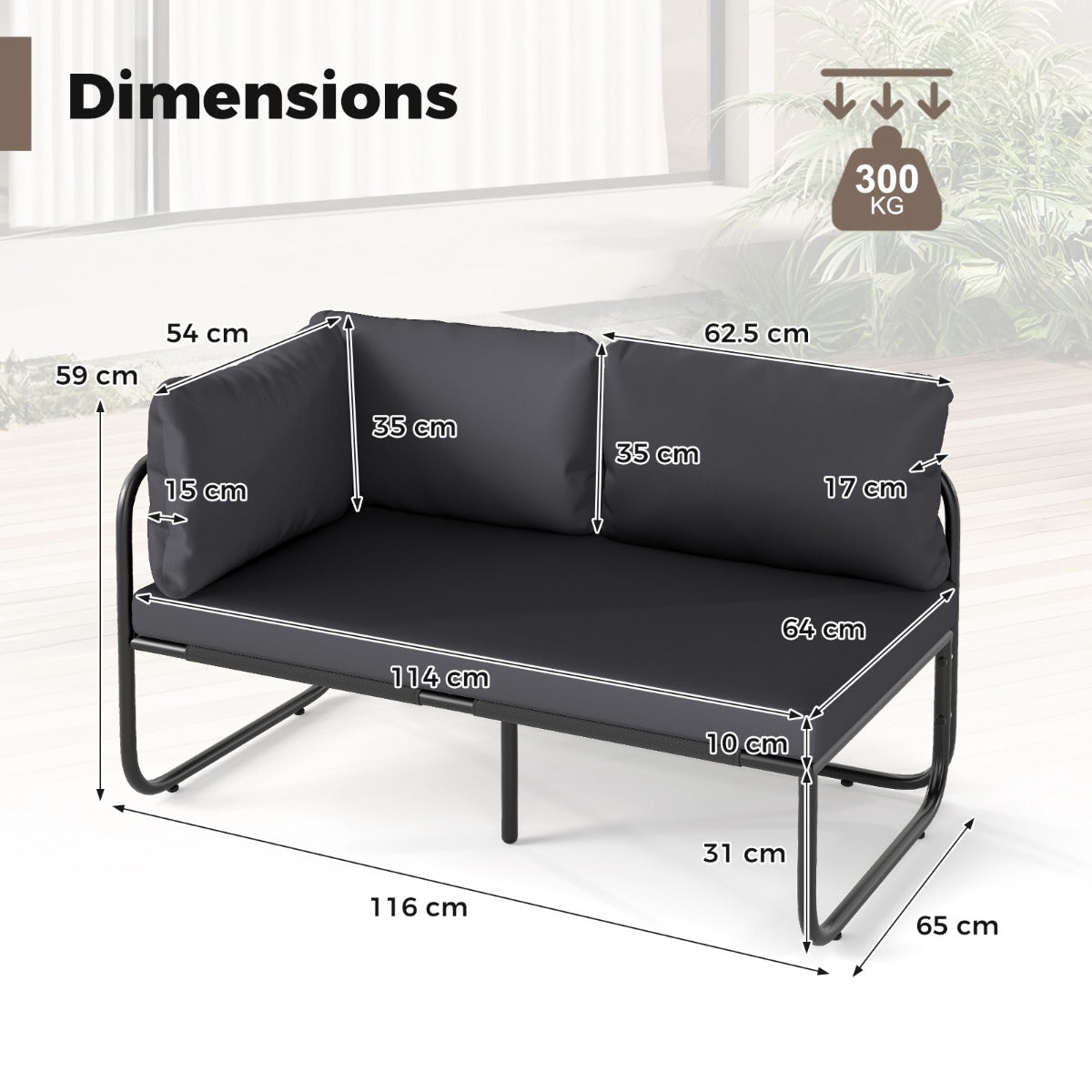 LIVSK Terras Tweezitter - Stevig Metalen Frame - Ademend en Kleurvast - Comfortabele Kussens - Tot 300 kg - Grijs en Zwart