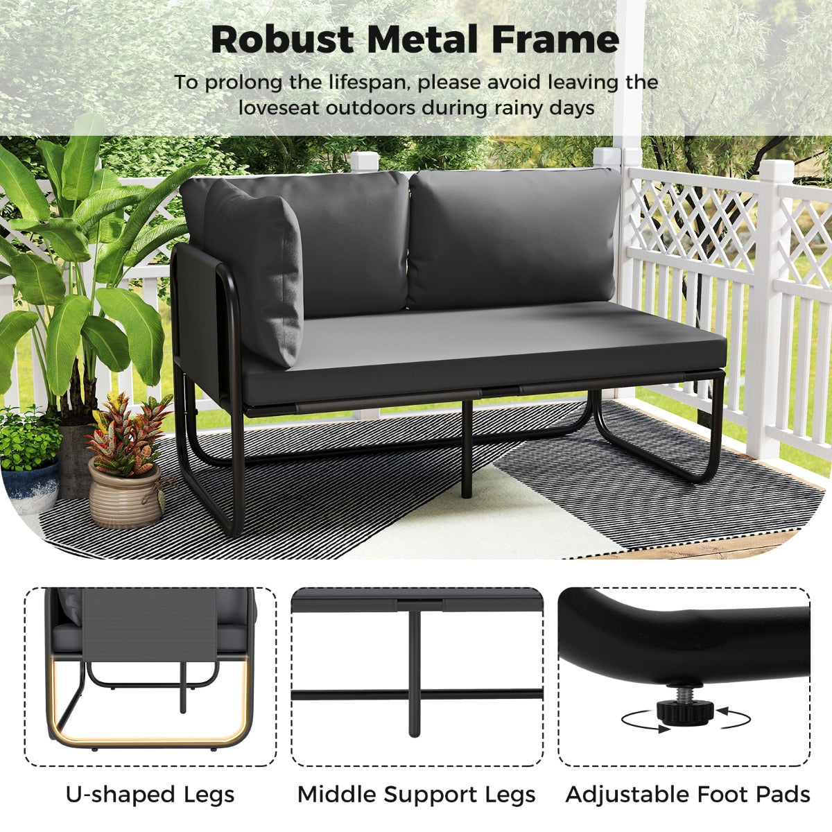 LIVSK Terras Tweezitter - Stevig Metalen Frame - Ademend en Kleurvast - Comfortabele Kussens - Tot 300 kg - Grijs en Zwart
