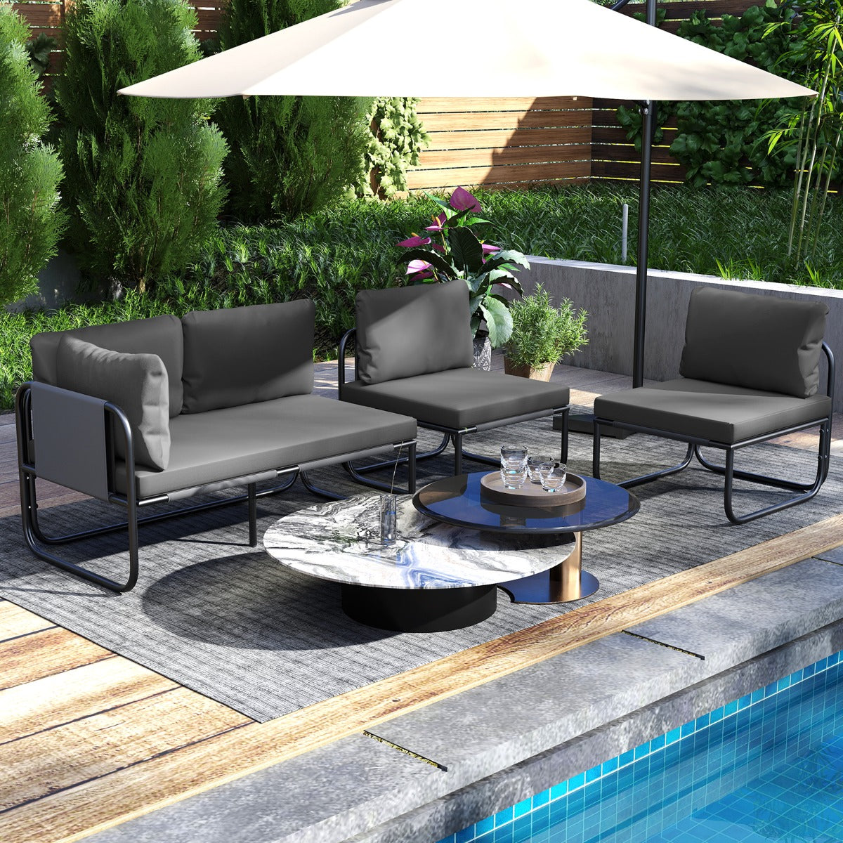 LIVSK Terras Tweezitter - Stevig Metalen Frame - Ademend en Kleurvast - Comfortabele Kussens - Tot 300 kg - Grijs en Zwart