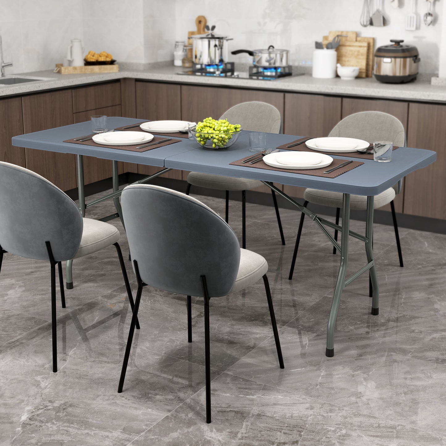 LIVSK Opvouwbare Campingtafel - Ruim 180 x 74 cm - HDPE Tafelblad - Stevige Metalen Poten - Tot 160 kg - Grijs