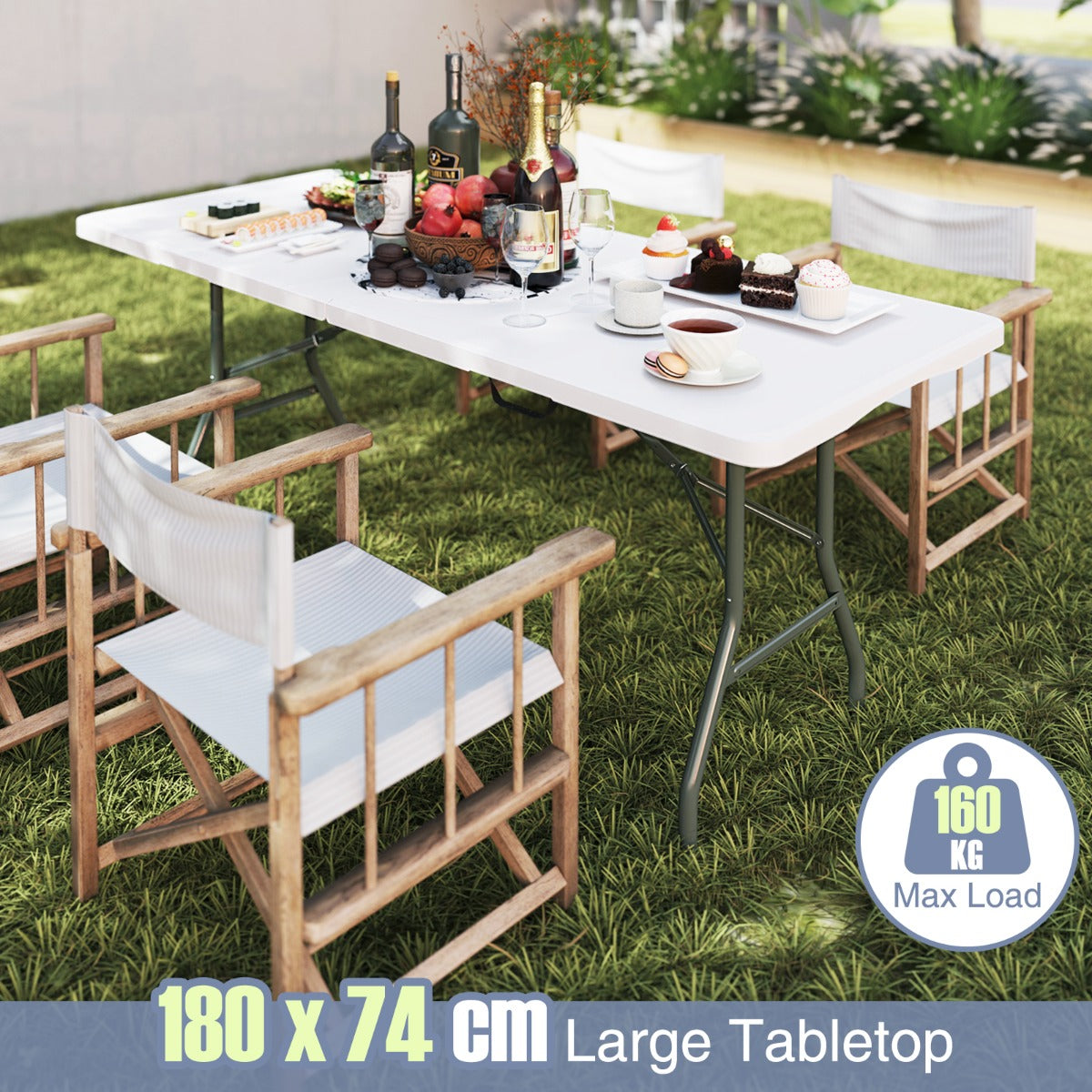 LIVSK Opvouwbare Tuintafel - Hoogwaardig HDPE - Ruim 180 x 74 cm - Robuuste Metalen Poten - Tot 160 kg - Wit