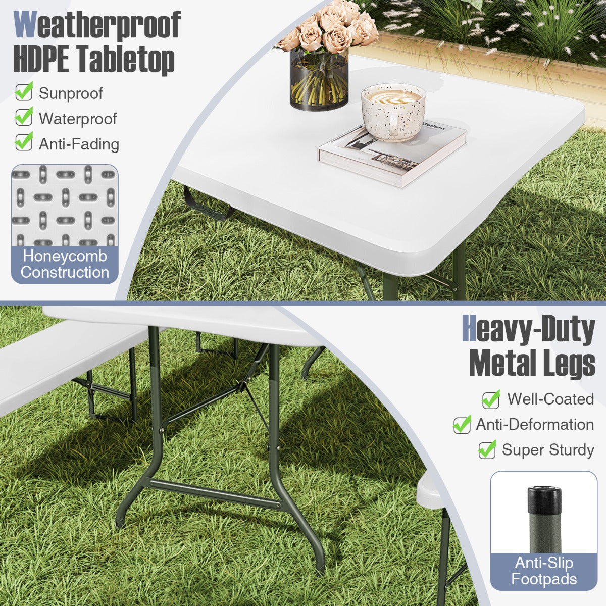 LIVSK Opvouwbare Tuintafel - Hoogwaardig HDPE - Ruim 180 x 74 cm - Robuuste Metalen Poten - Tot 160 kg - Wit