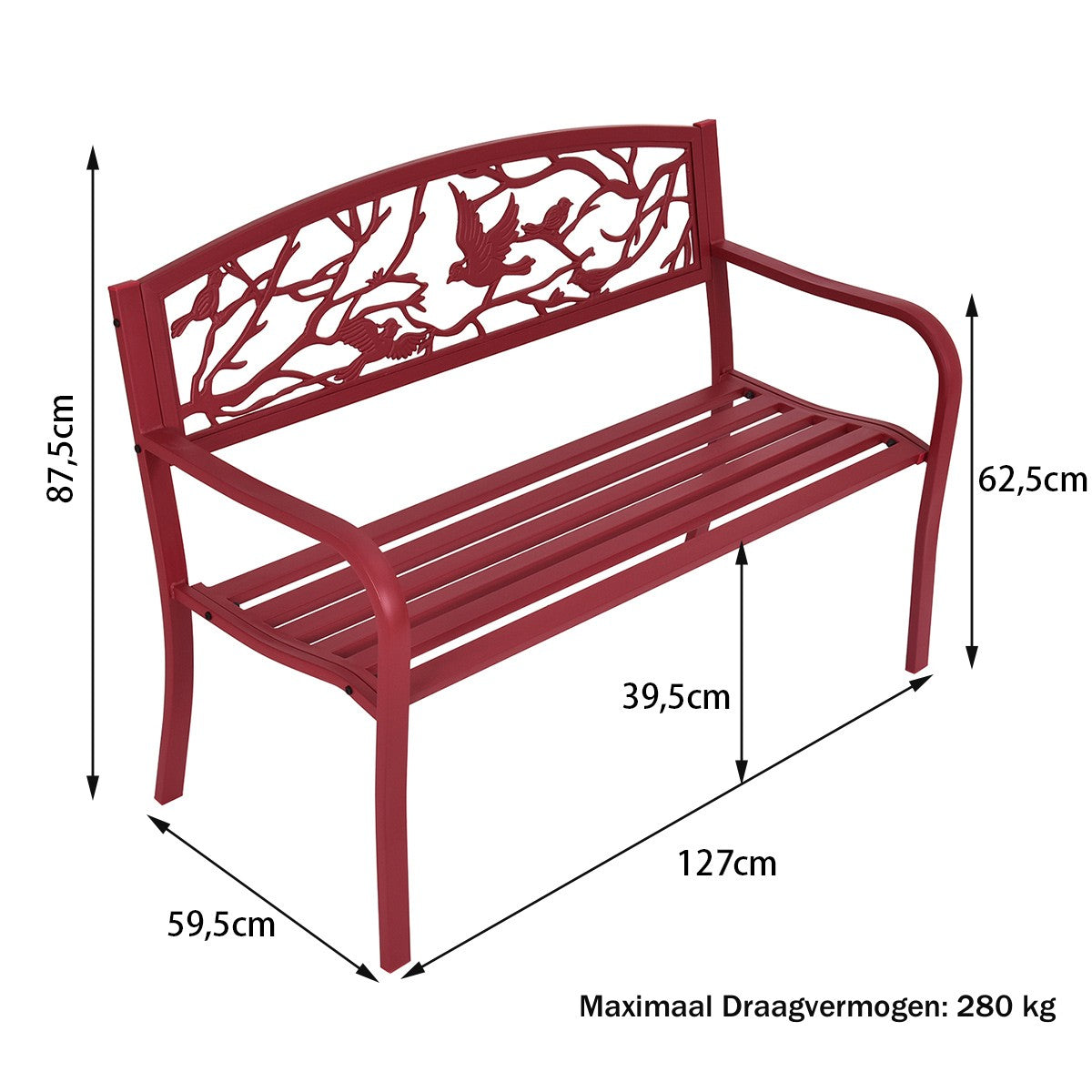 LIVSK Tuinbank 3 Zits - Gietijzer en Staal - Ergonomisch met Hoge Rugleuning - Voor Binnen en Buiten - 127 x 59,5 x 87,5 cm - Rood