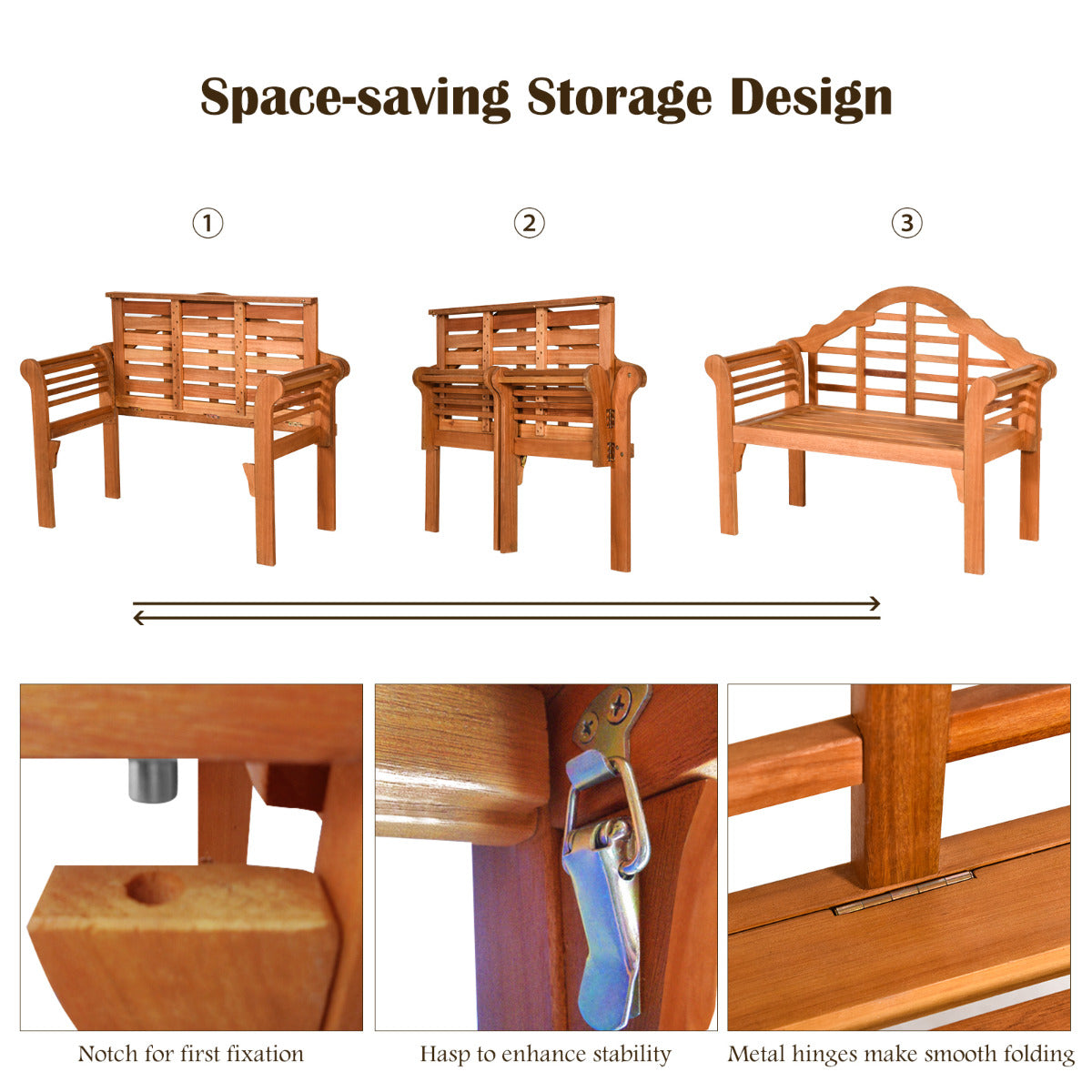 LIVSK Inklapbare Houten Tuinbank - Duurzaam Eucalyptushout - Ruimtebesparend - Comfortabel voor 2 Personen - Tot 360 kg - Natuur