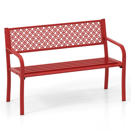 LIVSK Weerbestendige Metalen Tuinbank - Belastbaar tot 360 kg - 127 cm Breed - Geometrisch Ontwerp - Voor 2-3 Personen - Rood