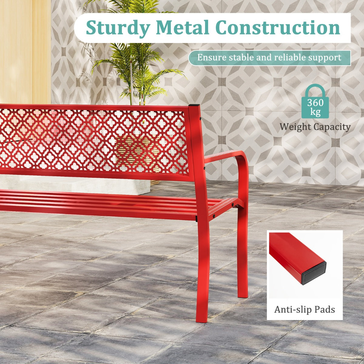 LIVSK Weerbestendige Metalen Tuinbank - Belastbaar tot 360 kg - 127 cm Breed - Geometrisch Ontwerp - Voor 2-3 Personen - Rood