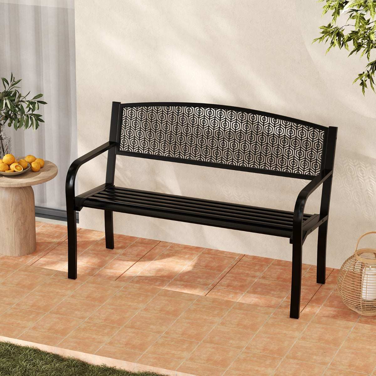 LIVSK Metalen Tuinbank - Ruime Zitting voor 2-3 Personen - Robuuste Constructie - Ergonomisch Design - Tot 300 kg - Zwart