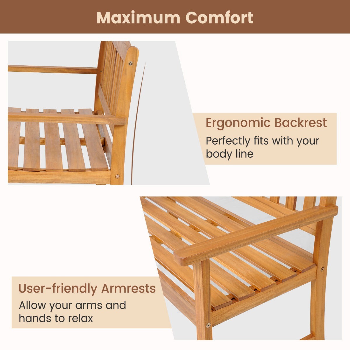 LIVSK Massieve Acaciahouten Tuinbank voor 2 Personen - Ergonomische Armleuningen - Belastbaar tot 360 kg - Natuur