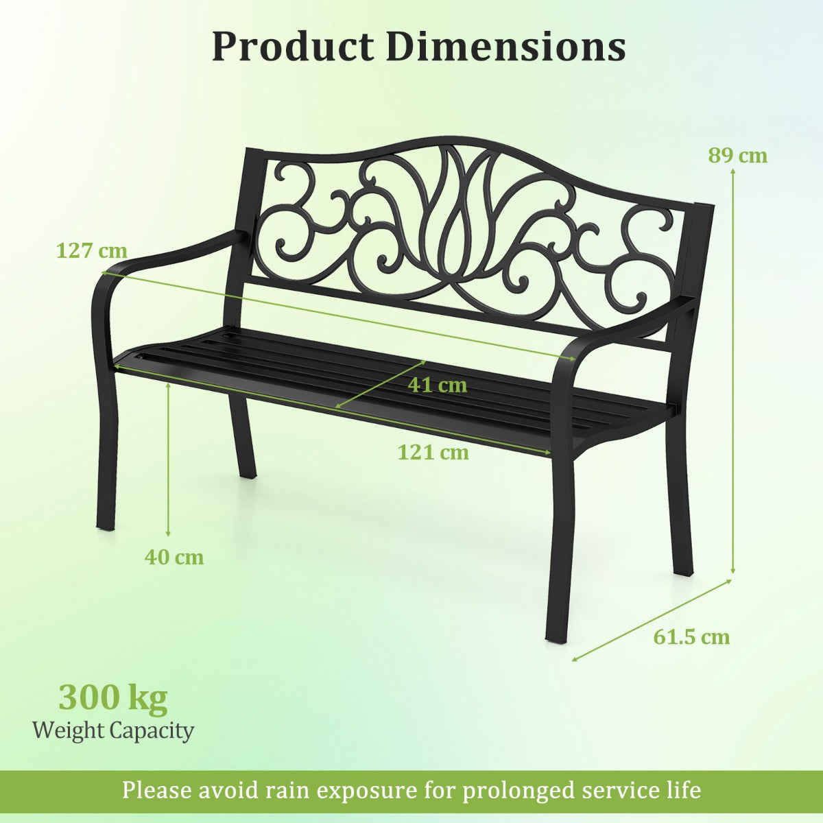 LIVSK Parkbank - Ergonomische Rugleuning - Voorgevormde Zitting - Tot 300 kg - Ruimte voor 2-3 Personen - 127 x 61 x 89 cm - Zwart