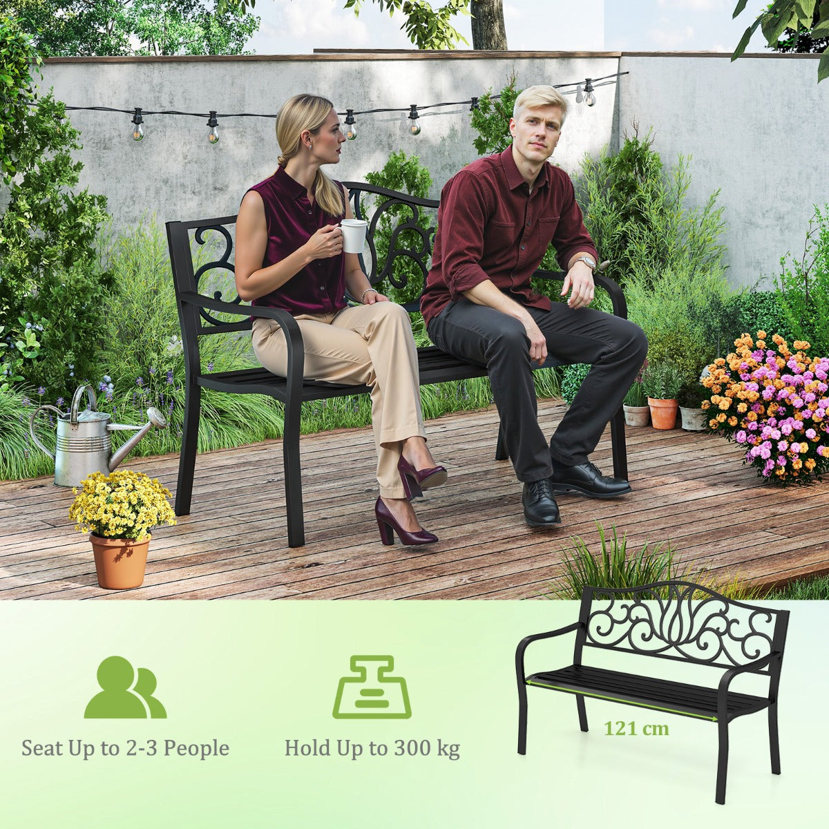 LIVSK Parkbank - Ergonomische Rugleuning - Voorgevormde Zitting - Tot 300 kg - Ruimte voor 2-3 Personen - 127 x 61 x 89 cm - Zwart