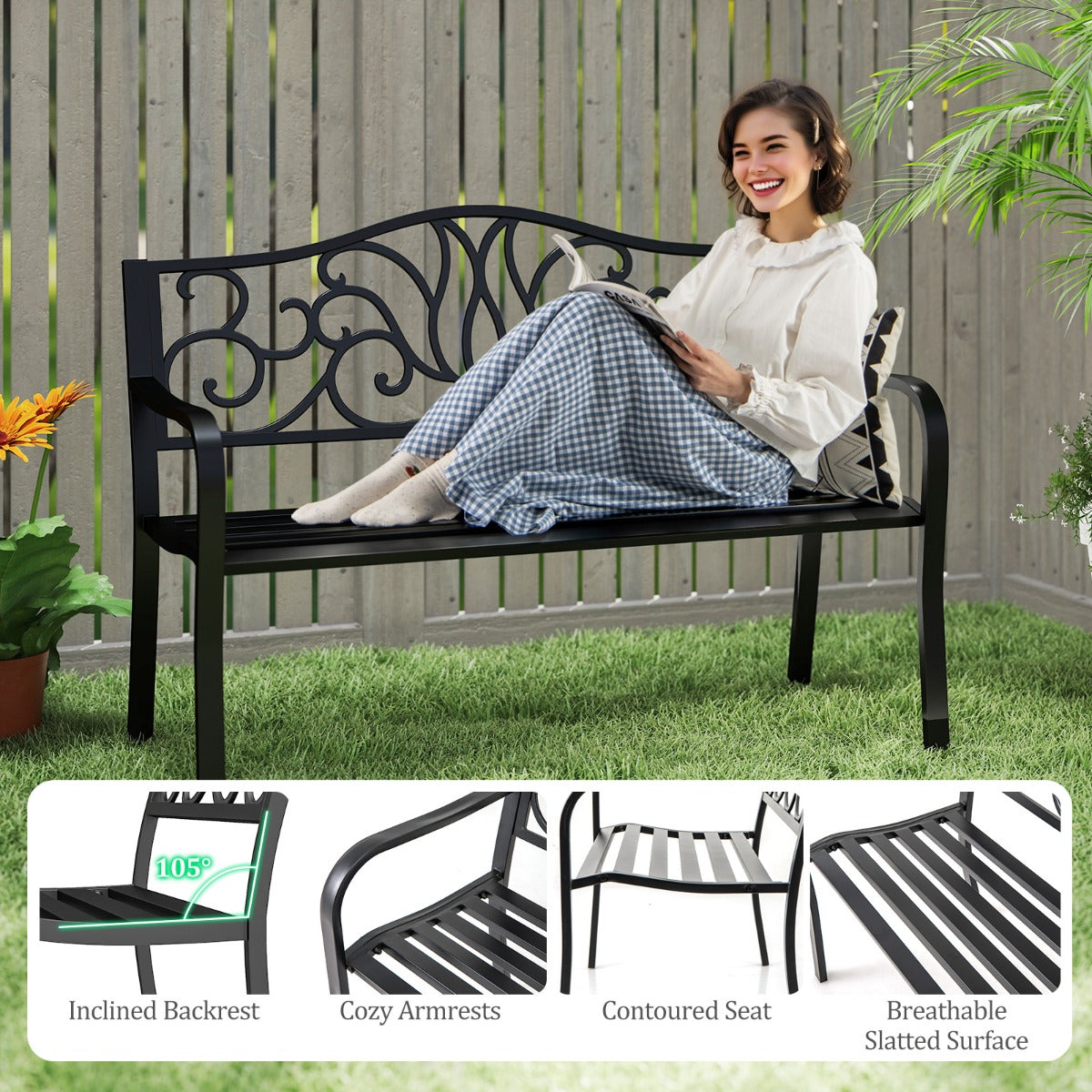 LIVSK Parkbank - Ergonomische Rugleuning - Voorgevormde Zitting - Tot 300 kg - Ruimte voor 2-3 Personen - 127 x 61 x 89 cm - Zwart